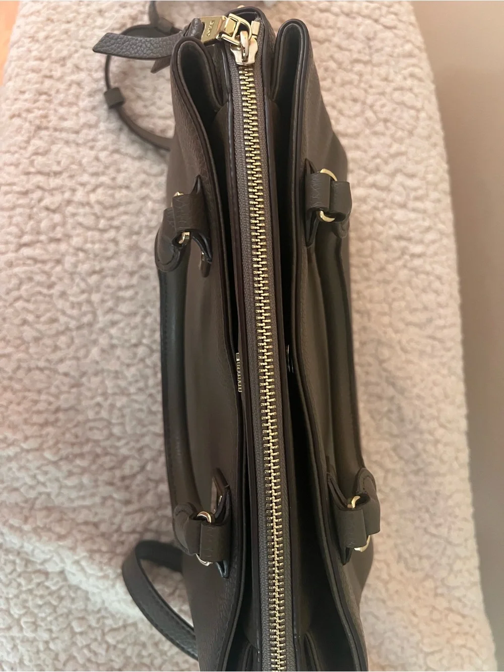DKNY Gray Pebbled Leather Satchel with Gold Hardware